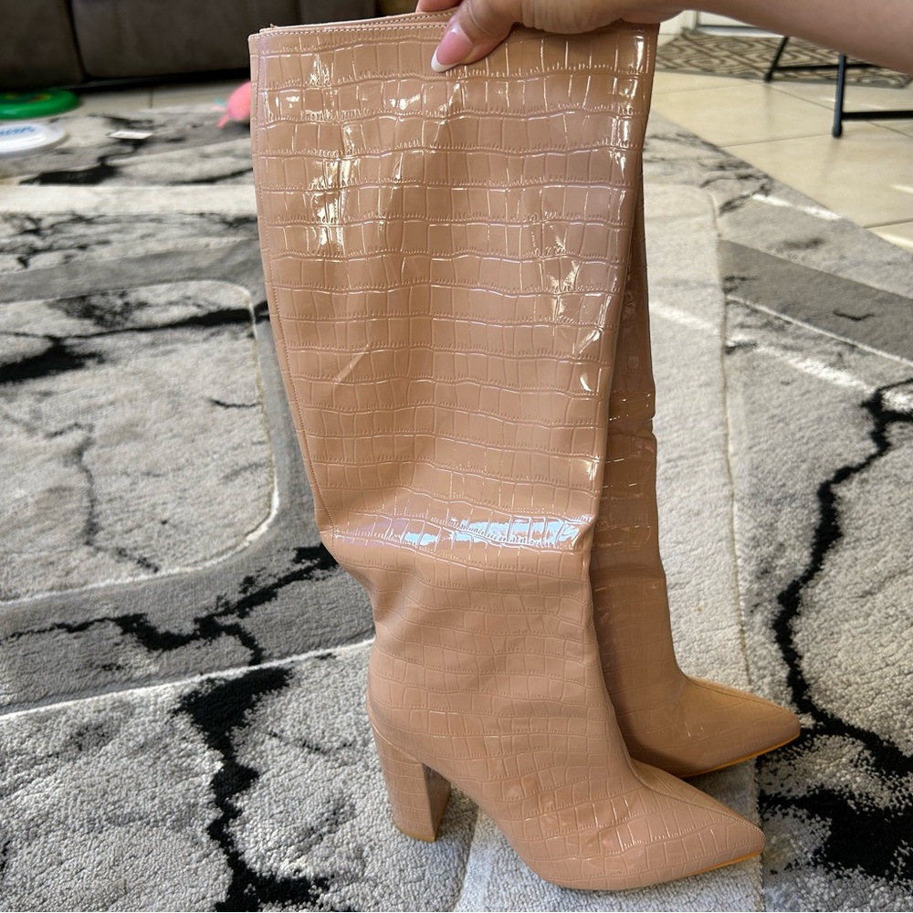 Patent Croc-Embossed Knee Boots in Nude - Women's Fashion Boots - Picture 3 of 4